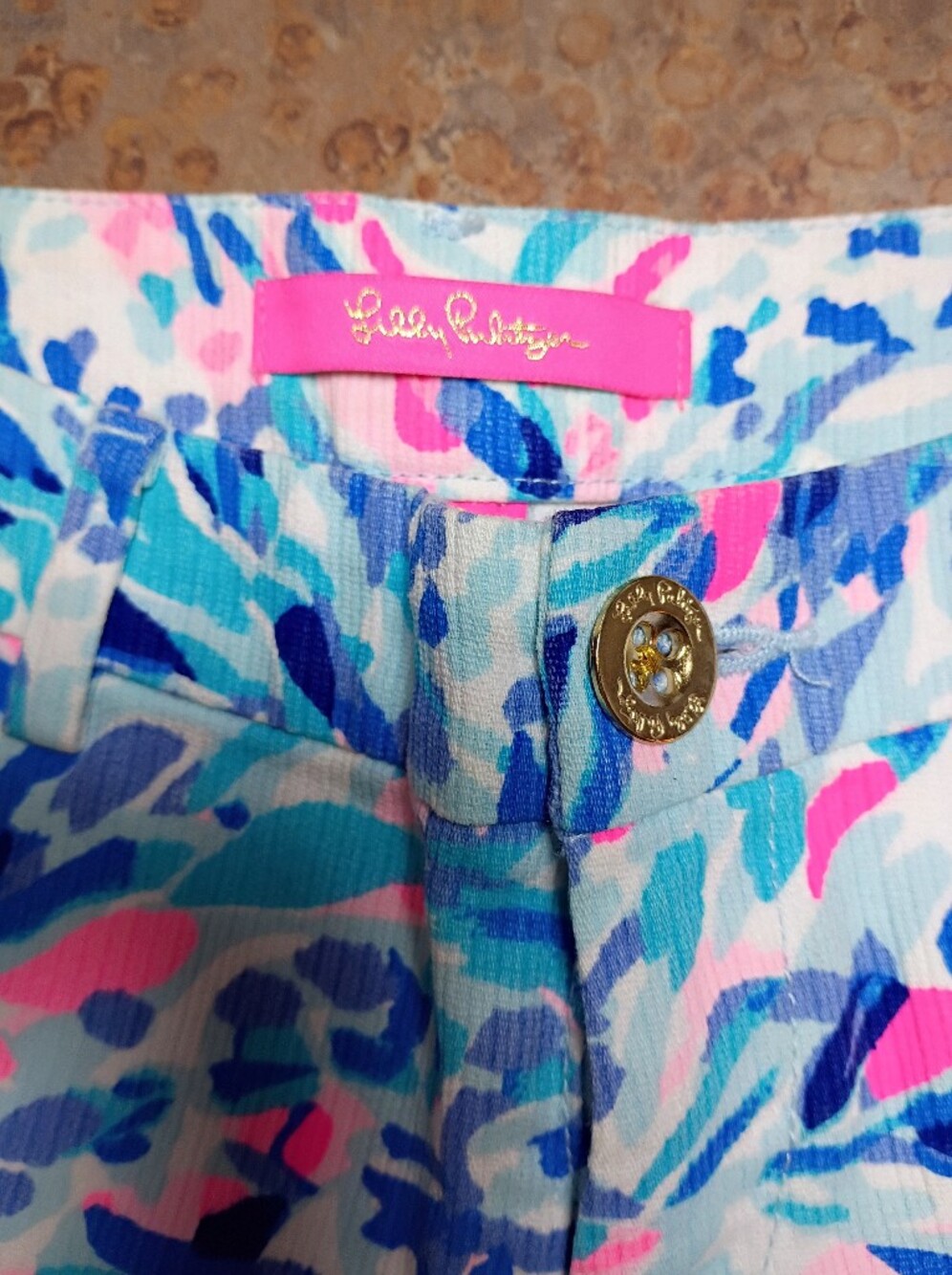 Lilly Pulitzer Light Blue, Pink & Navy Tropical Print Jean Shorts - Picture 2 of 8